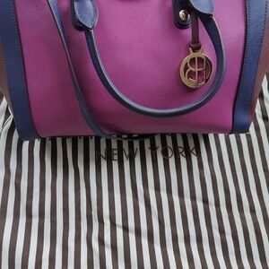 Henri Bendel Large Colorblock Satchel Magenta Navy Gold Hardware w/ Dust Cover
